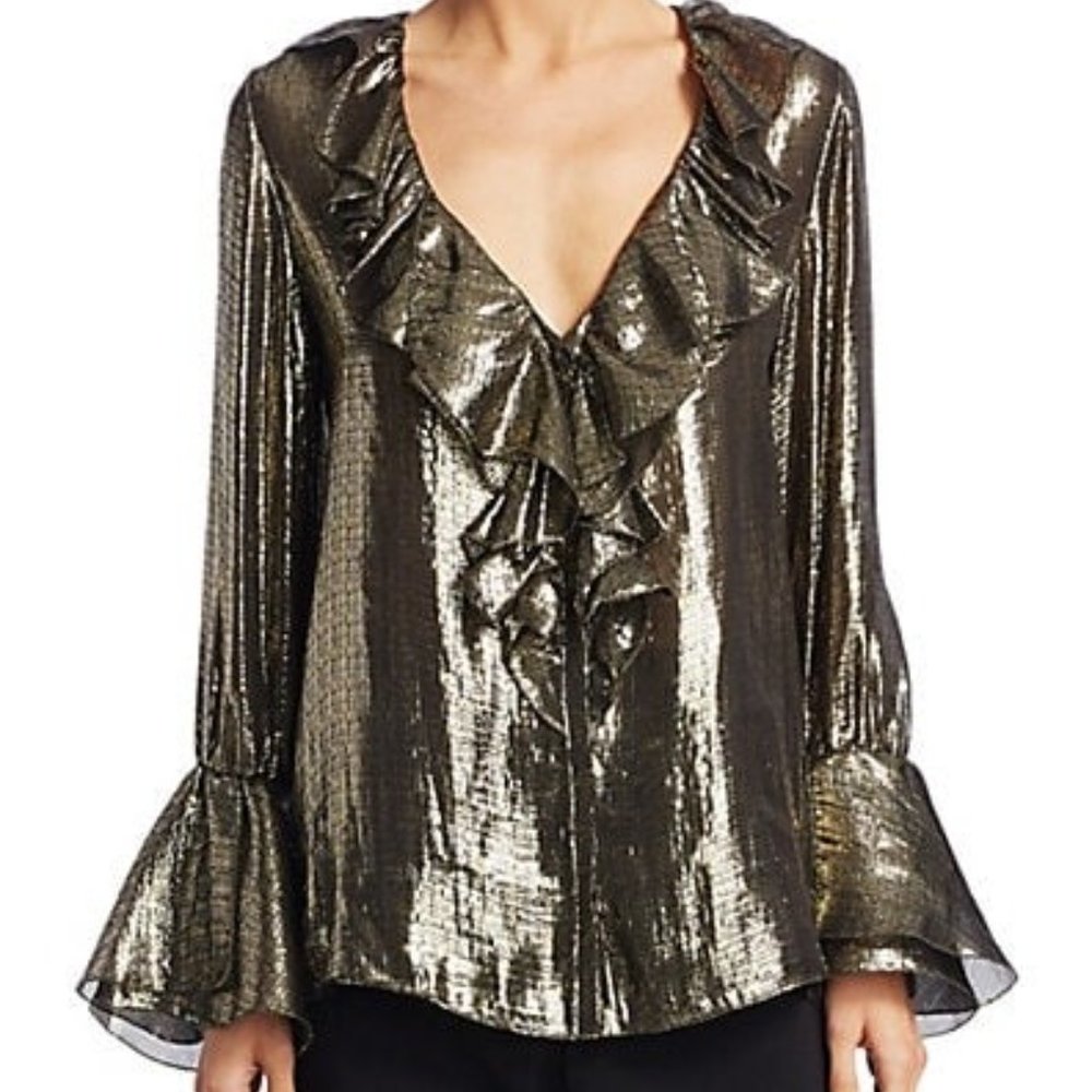 NEW ALICE + OLIVIA ELLIOT METALLIC GOLD RUFFLE FRONT BLOUSE WITH RUFFLE SLEEVES